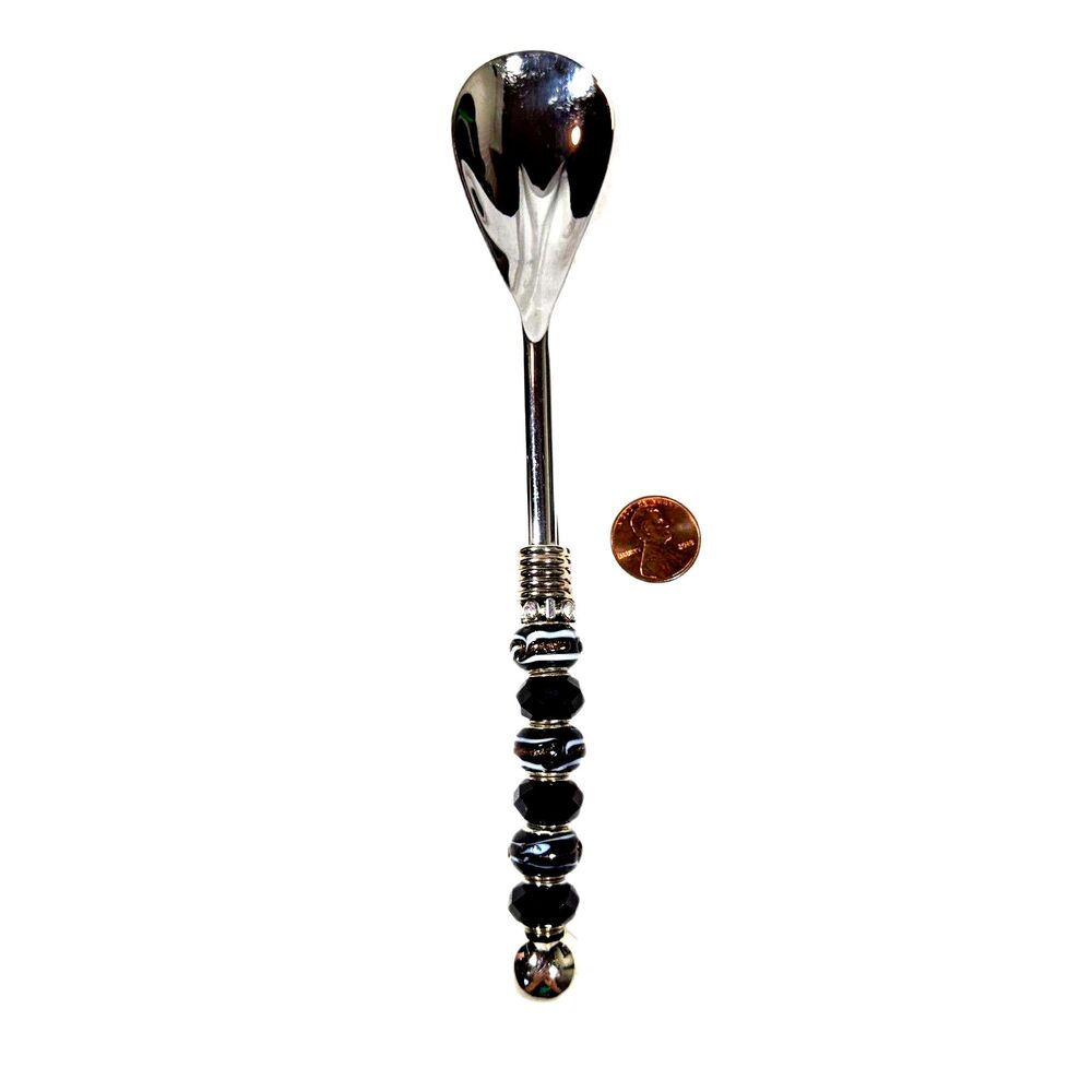 Fancy Serving Spoon Silver Black Art Glass Beads Entertaining Gift Quiet Luxury